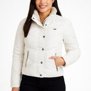 Vintage Hollister White Puffer Jacket Faux Fur Fleece Lined Y2K Women’s L